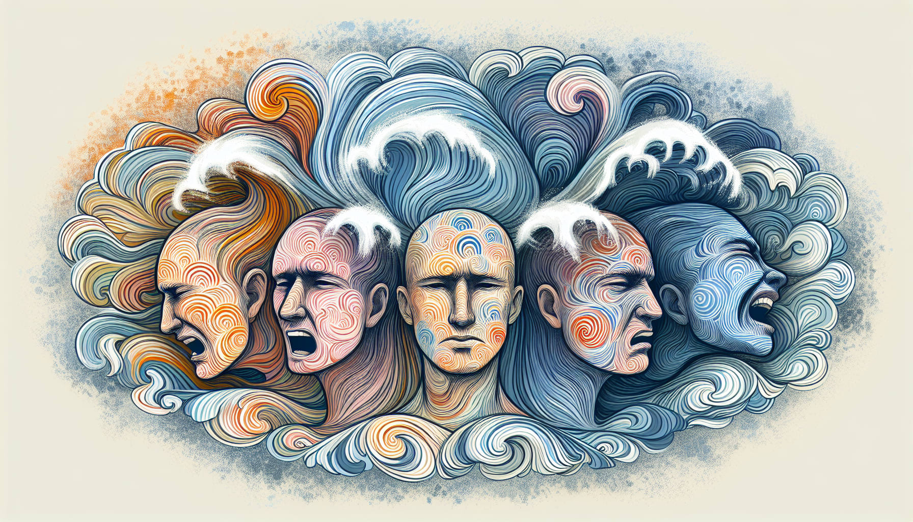An abstract illustration depicting a series of five human faces with varied expressions, surrounded by swirling, wave-like patterns in blue, orange, and white tones. This piece captures the emotional complexity often explored in San Francisco therapy for RAD.