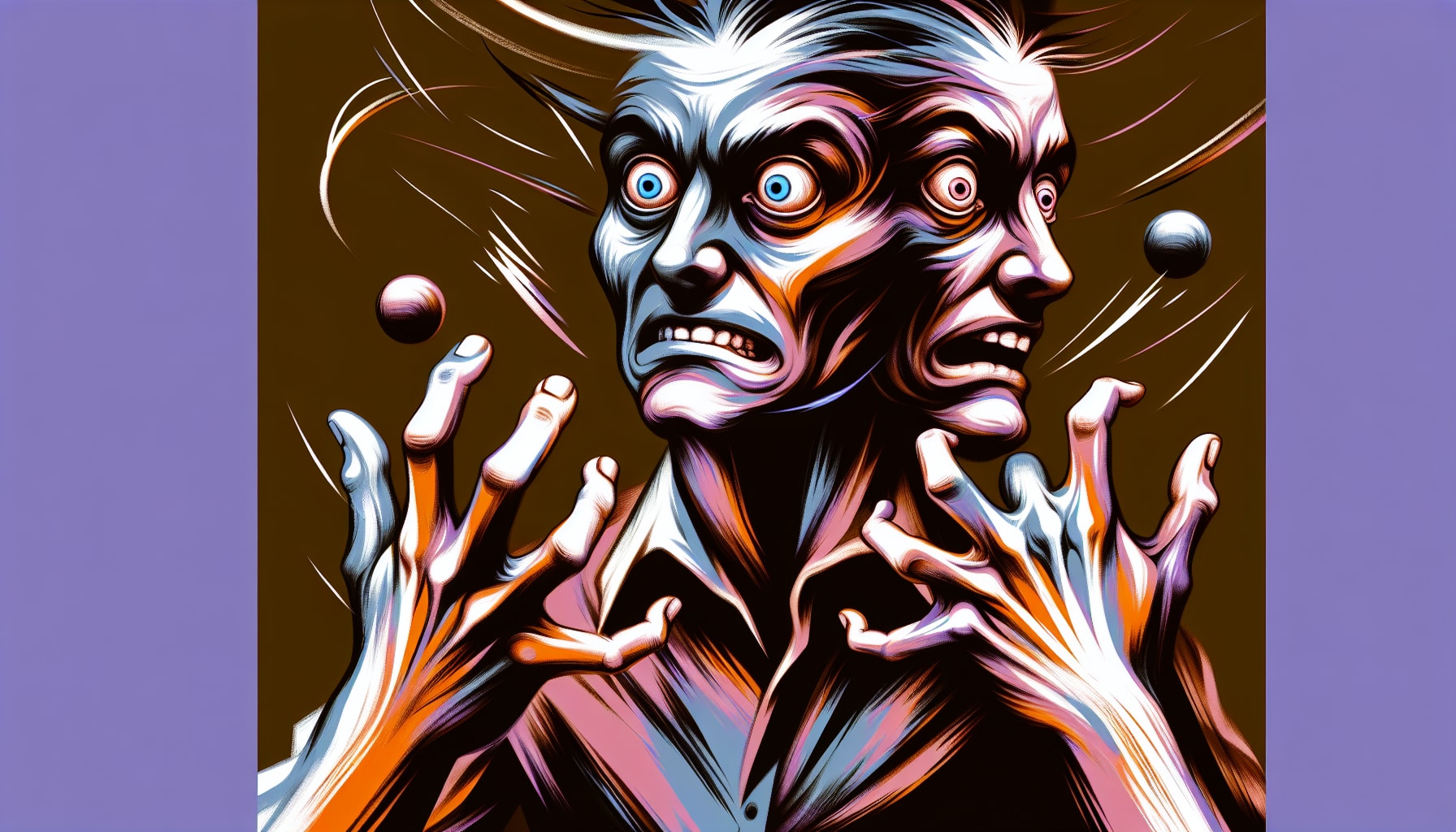 Illustration of a person with two heads, each displaying expressions of shock and confusion, with distorted hands raised and colorful, swirling lines in the background—an evocative representation echoing the complexity faced by those navigating bipolar disorder treatment in San Francisco.