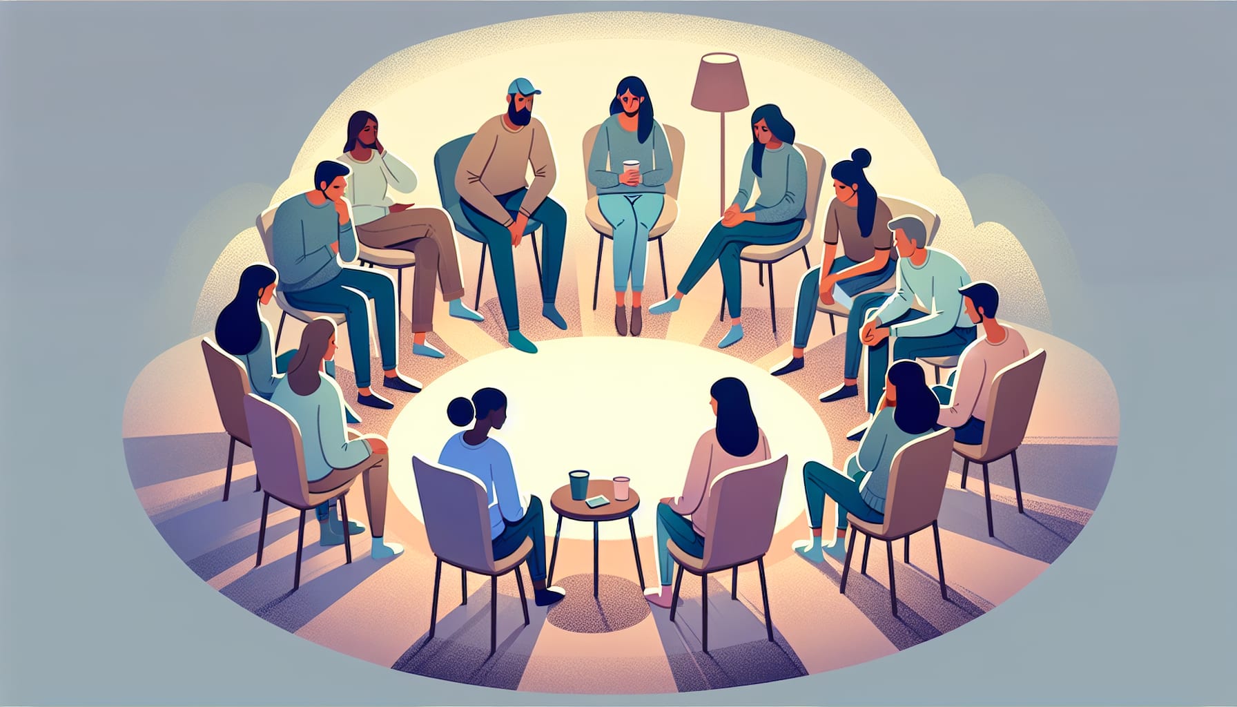 Illustration of a support group for survivors of sexual trauma