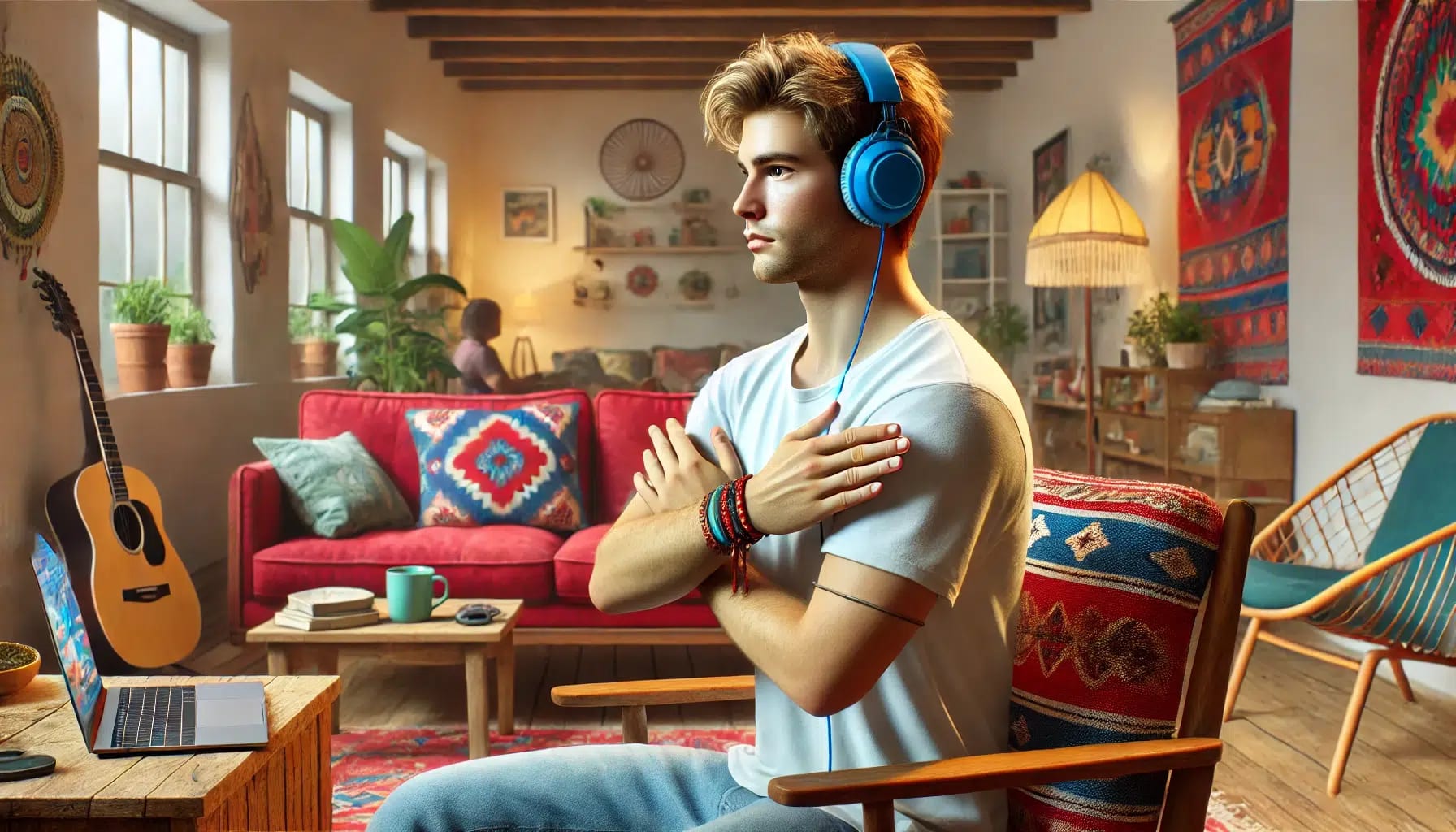A person wearing blue headphones and a white shirt sits in a colorful living room, crossing their arms across their chest, possibly engaging in online EMDR therapy California. A guitar, a coffee cup, and various decorations are visible in the background. he is working with a qualified emdr therapist remotely.