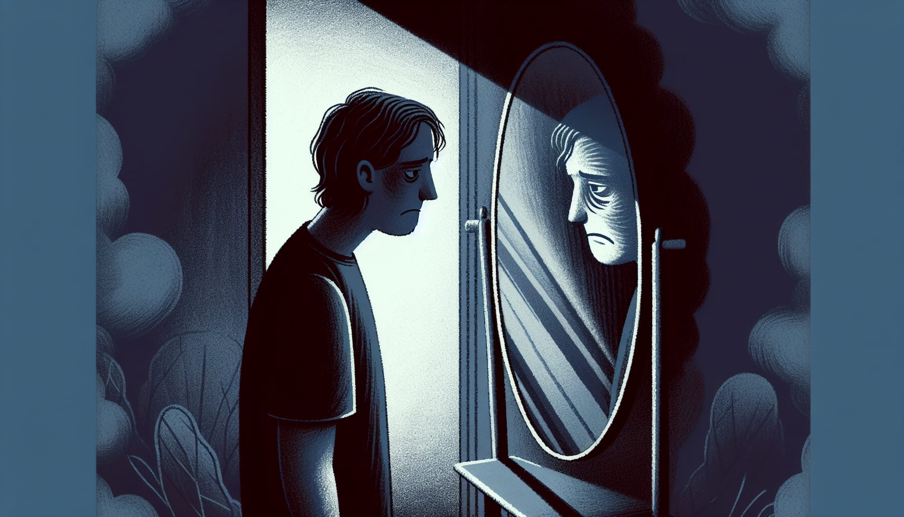 Illustration of a person looking in the mirror with a frown, representing negative self-talk and low self-esteem