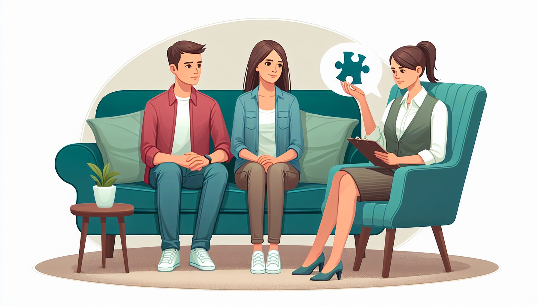 A couple sits on a couch speaking with their premarital counselor in San Francisco, who holds a puzzle piece, suggesting a collaborative approach to problem-solving during the session. A plant and clipboard are also in the scene, illustrating the blend of personal touch and professionalism in their counseling.