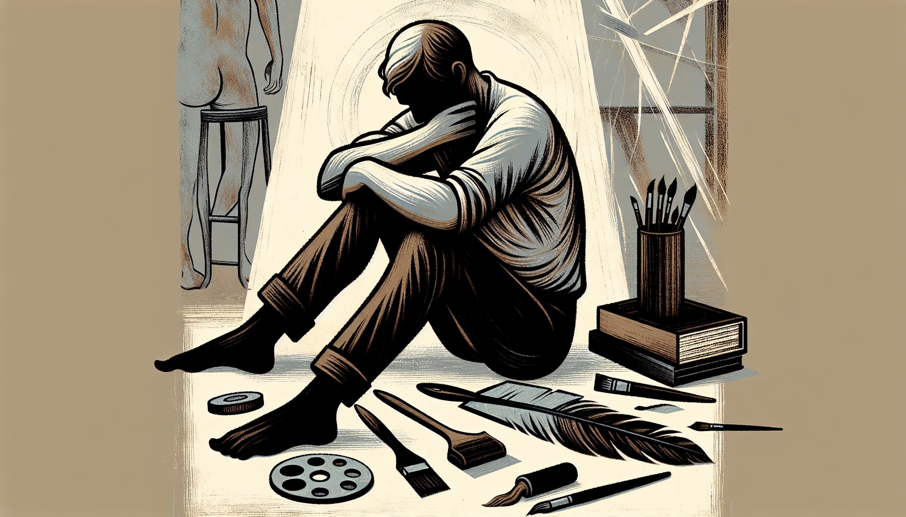 A person sits on the floor in a thoughtful pose surrounded by art supplies, including brushes, paint, a palette, and books—a tranquil setting often considered the best therapy for bipolar. An unfinished sculpture is visible in the background.