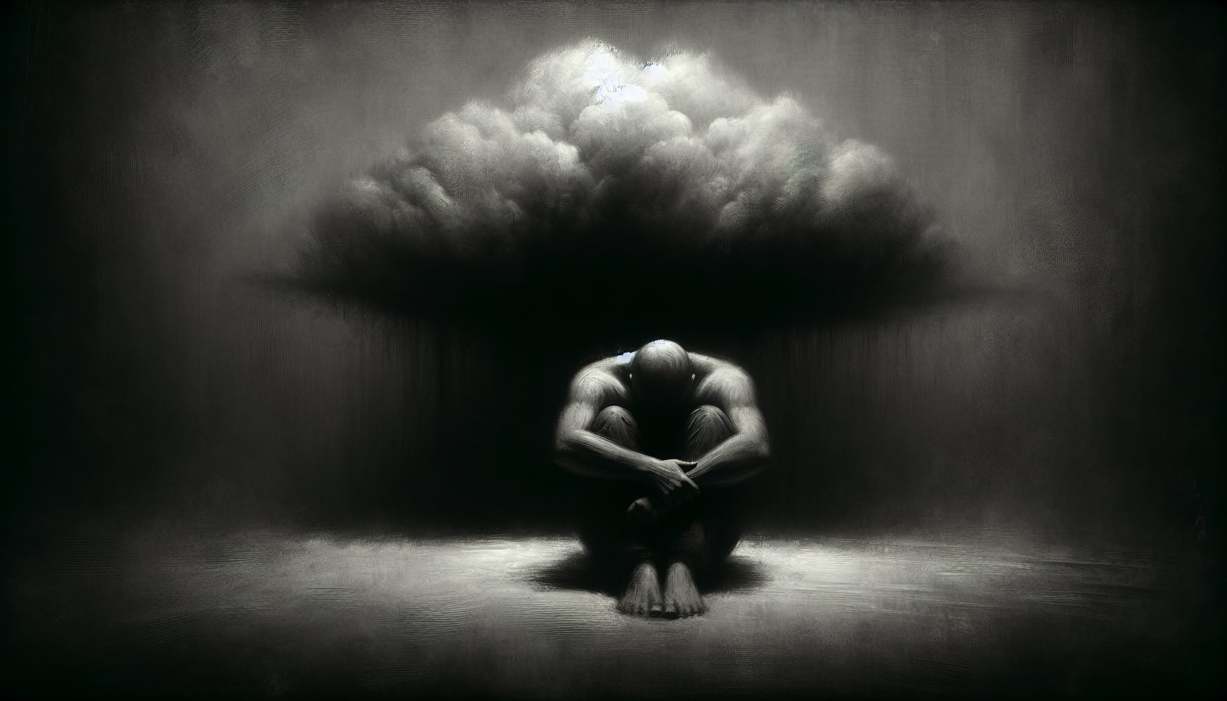 Artistic representation of a person sitting in darkness with a heavy cloud over their head