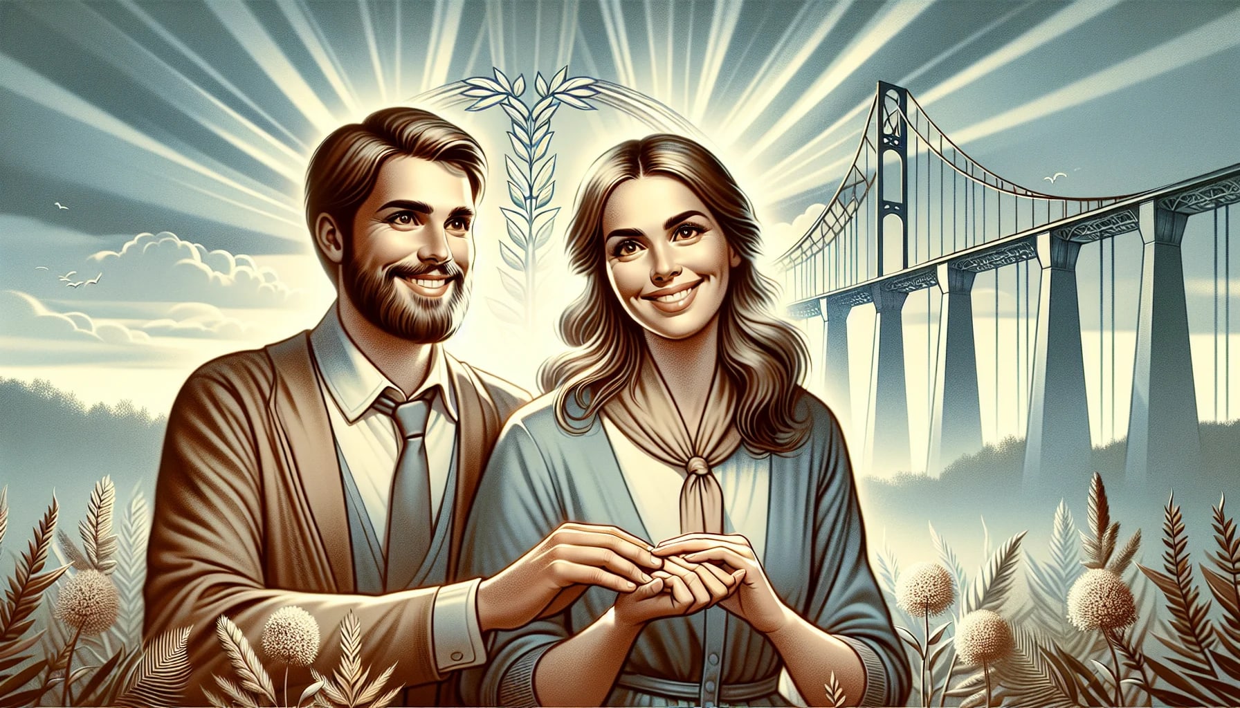 Illustration of a smiling couple holding hands with a sunrise, bridge, and nature in the background, embodying the harmony achieved through relationship therapy and premarital counseling in SF.