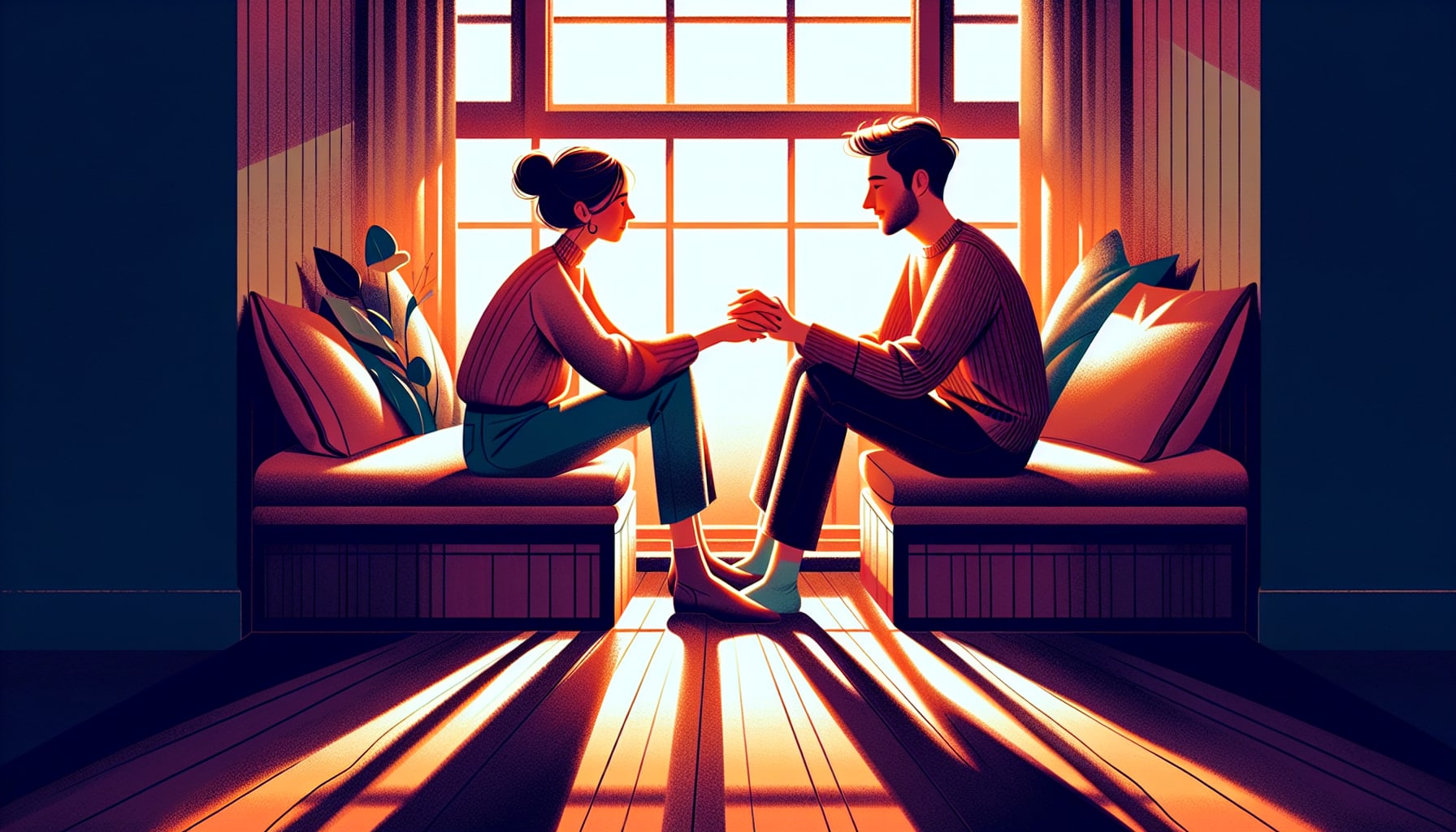 Two people sit facing each other on a window seat, warmly lit by sunlight streaming through the window. They hold hands, engaged in thoughtful conversation, perhaps guided by a Premarital Counselor in San Francisco. Plants are visible in the background.