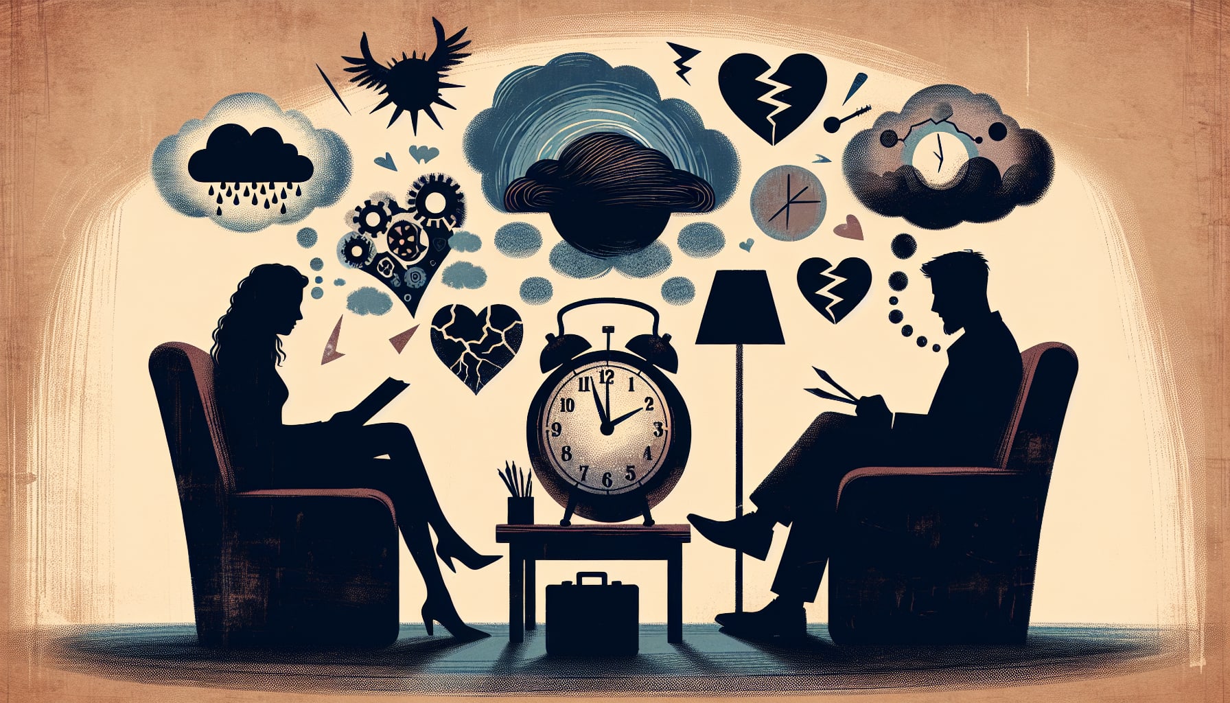 Illustration of two people sitting in chairs facing each other with a large clock between them, surrounded by thought clouds showing various symbols like a broken heart, rain clouds, and clocks, representing SF therapy for reactive attachment disorder adults.