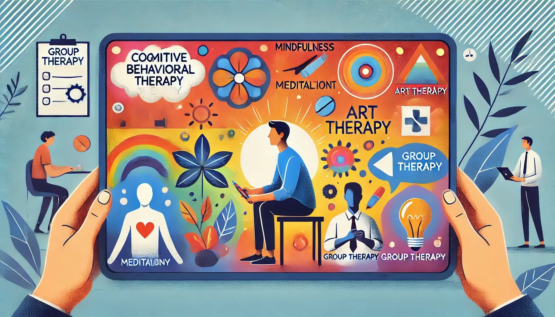 Illustration featuring various mental health therapy methods, including group therapy, cognitive behavioral therapy, art therapy, and mindfulness. Different characters are engaging in therapy activities with a special focus on treating bipolar disorder San Francisco.