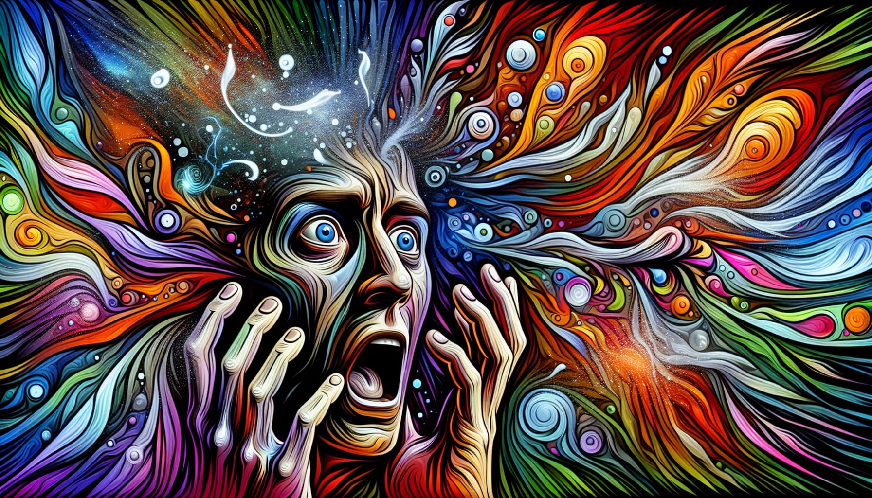 A vividly colored, surreal painting of a person screaming with wide eyes and open hands, surrounded by swirling, chaotic patterns and abstract shapes, captures the emotional turmoil of manic bipolar vs. bipolar experiences.