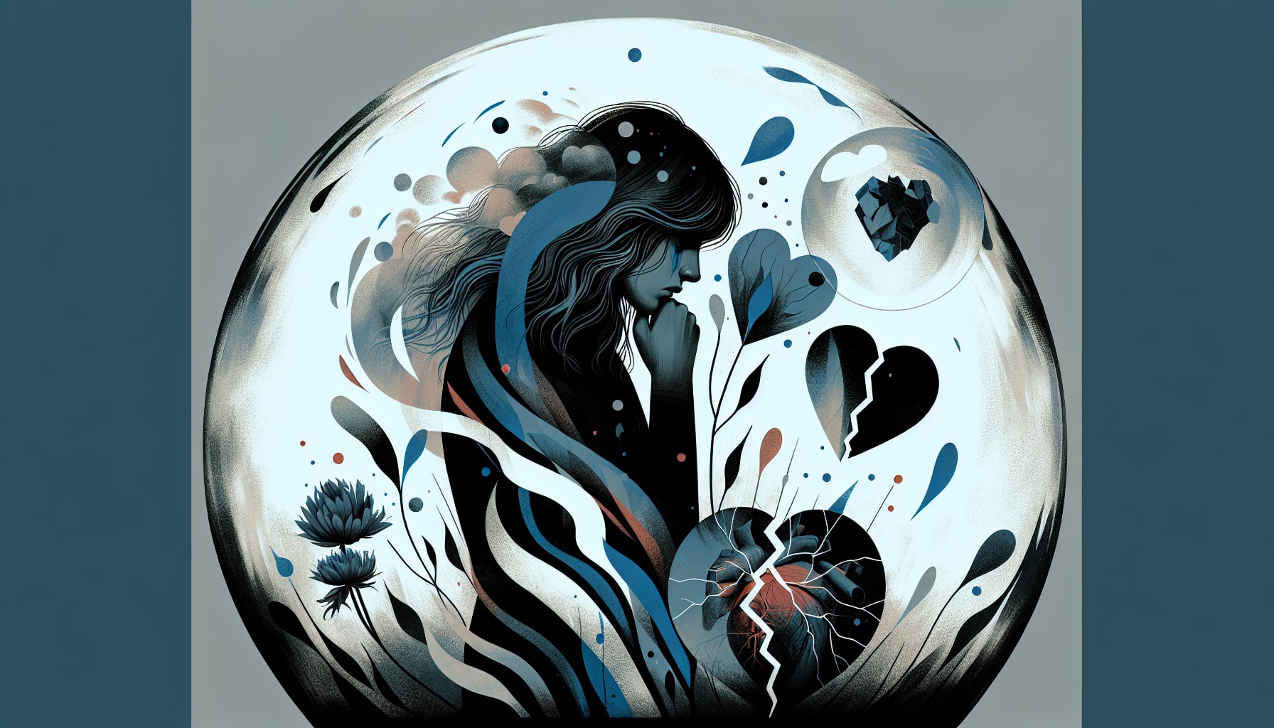 Illustration of a person with flowing hair inside a glass sphere, surrounded by abstract heart shapes and floral elements, evoking a sense of introspection and emotional turmoil, reminiscent of the healing journey guided by trauma therapists San Francisco CA.