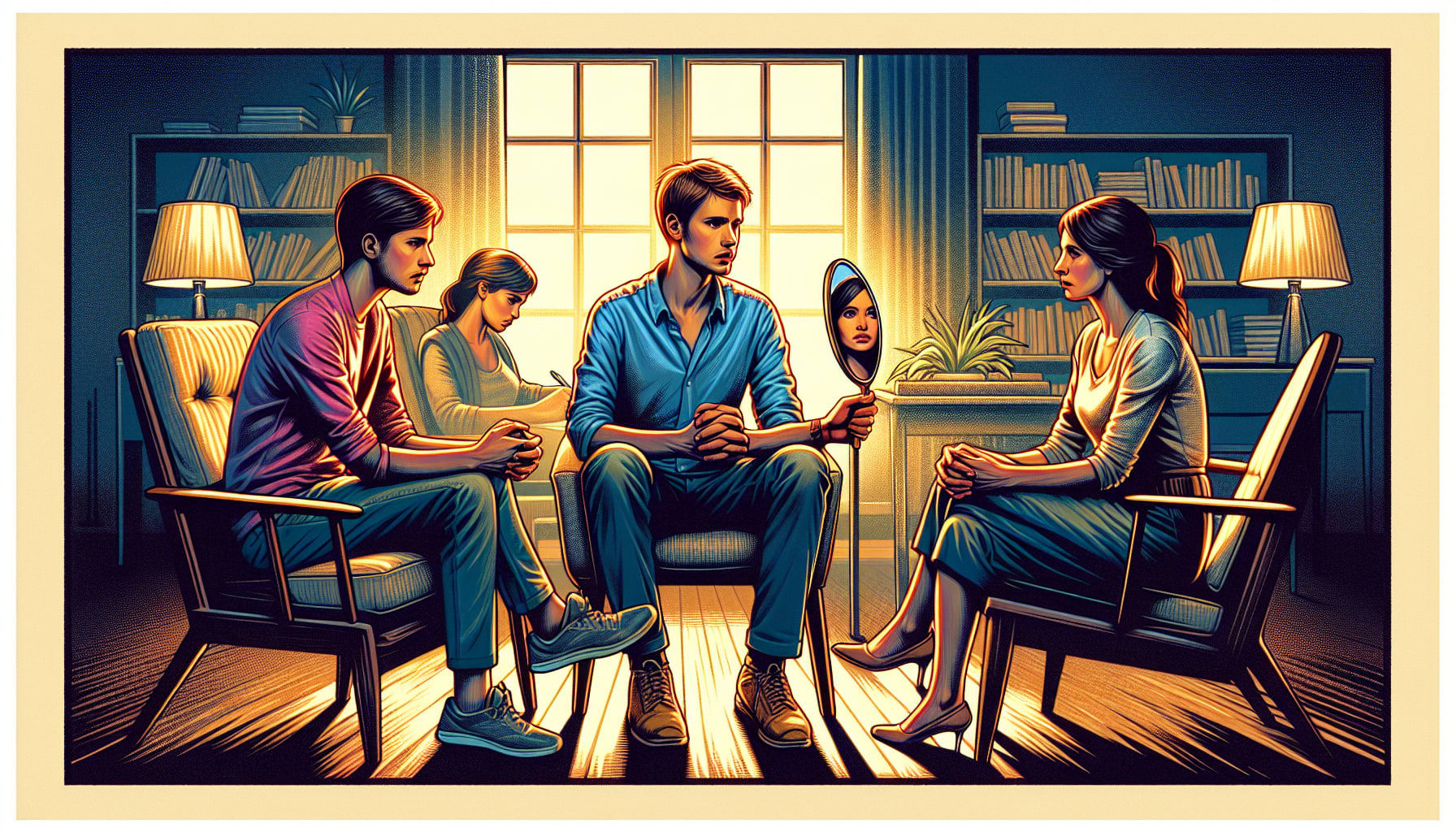 Illustration of a couple in a San Francisco premarital counseling session