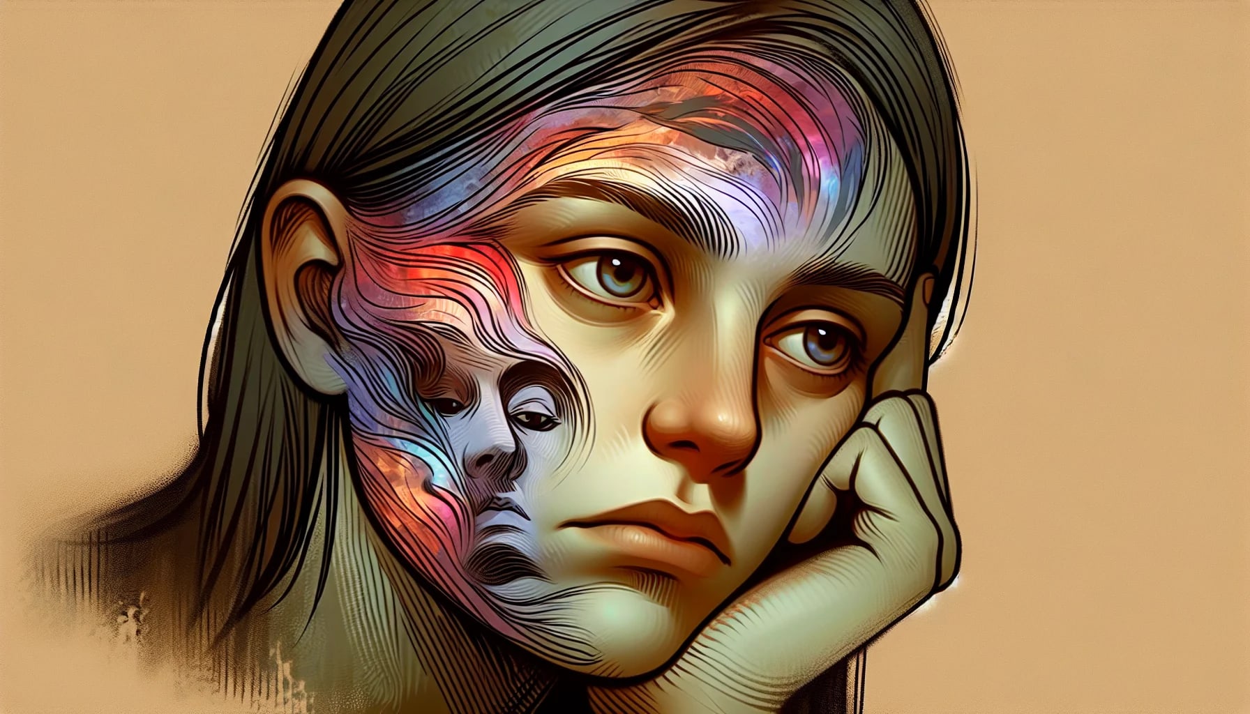 Illustration of a person masking their deep emotions behind a bored expression