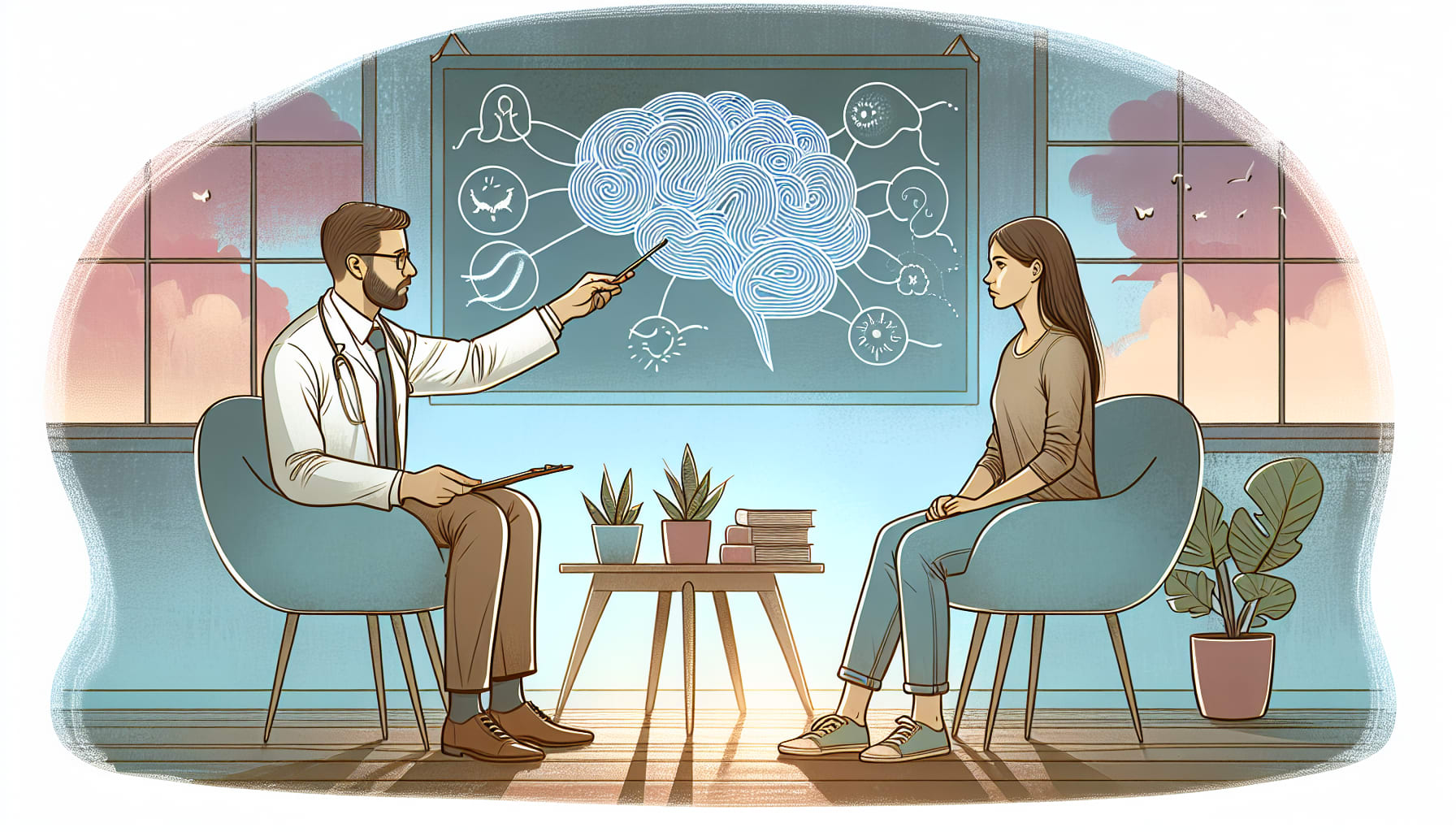 Illustration of a cognitive therapist assisting a client