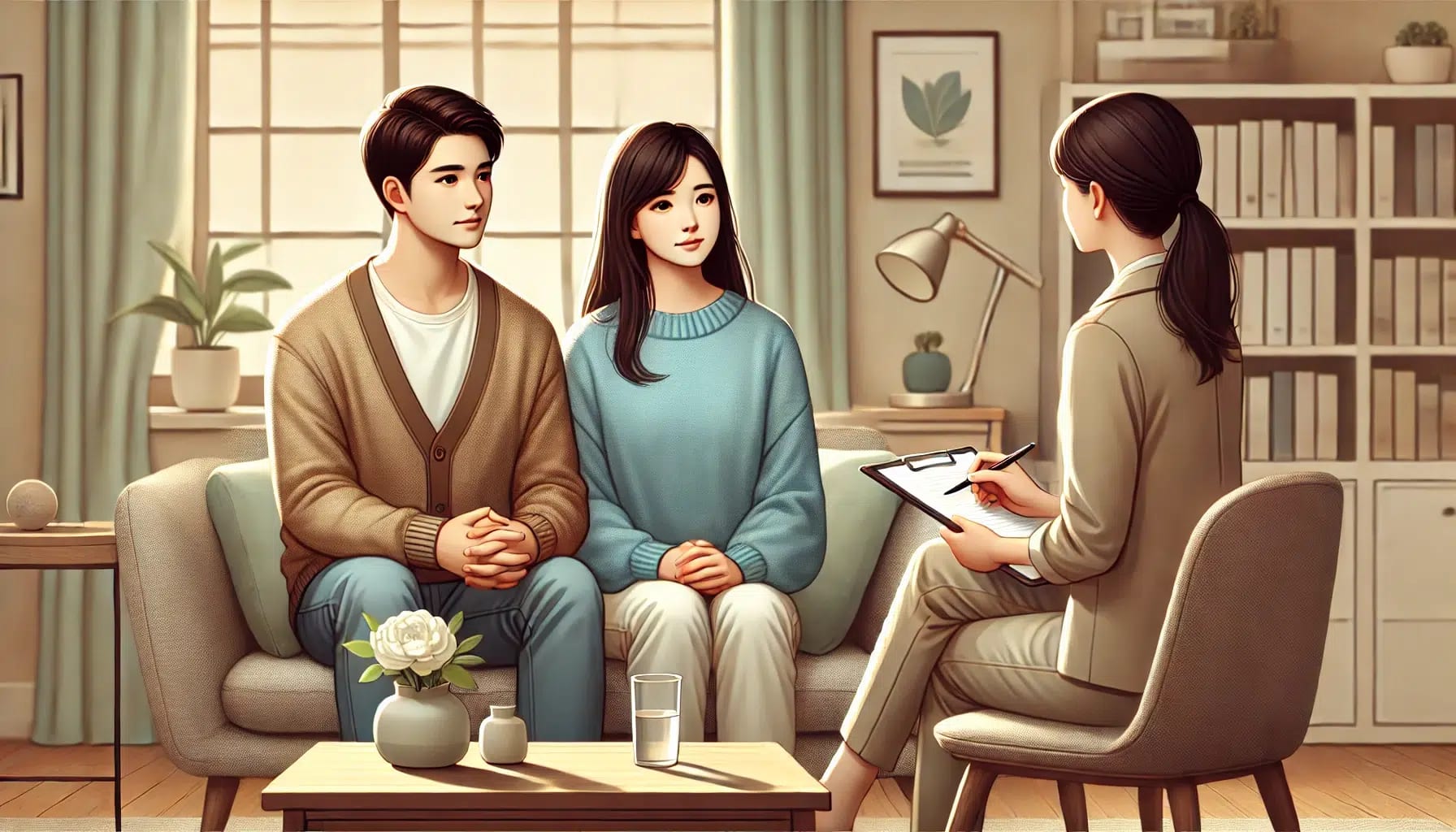 A man and a woman sit on a couch talking to a relationship counselor in San Francisco. The premarital therapist holds a clipboard. The room has a window, shelves, and framed artwork.