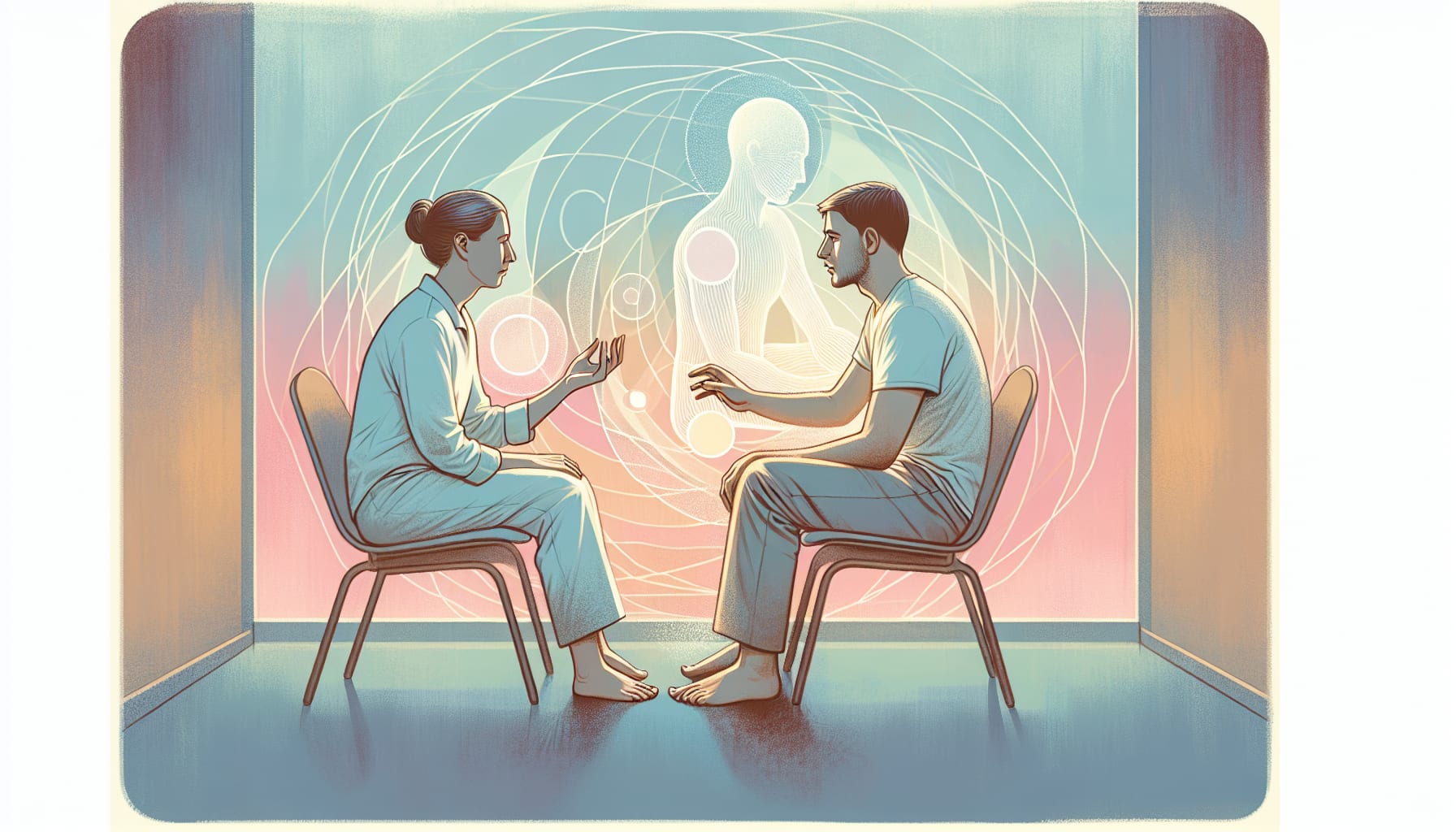 Two people sit in chairs facing each other, engaged in conversation. A semi-transparent human figure surrounded by swirling lines is depicted between them, embodying the essence of somatic psychotherapy San Francisco. The setting has a calming background.