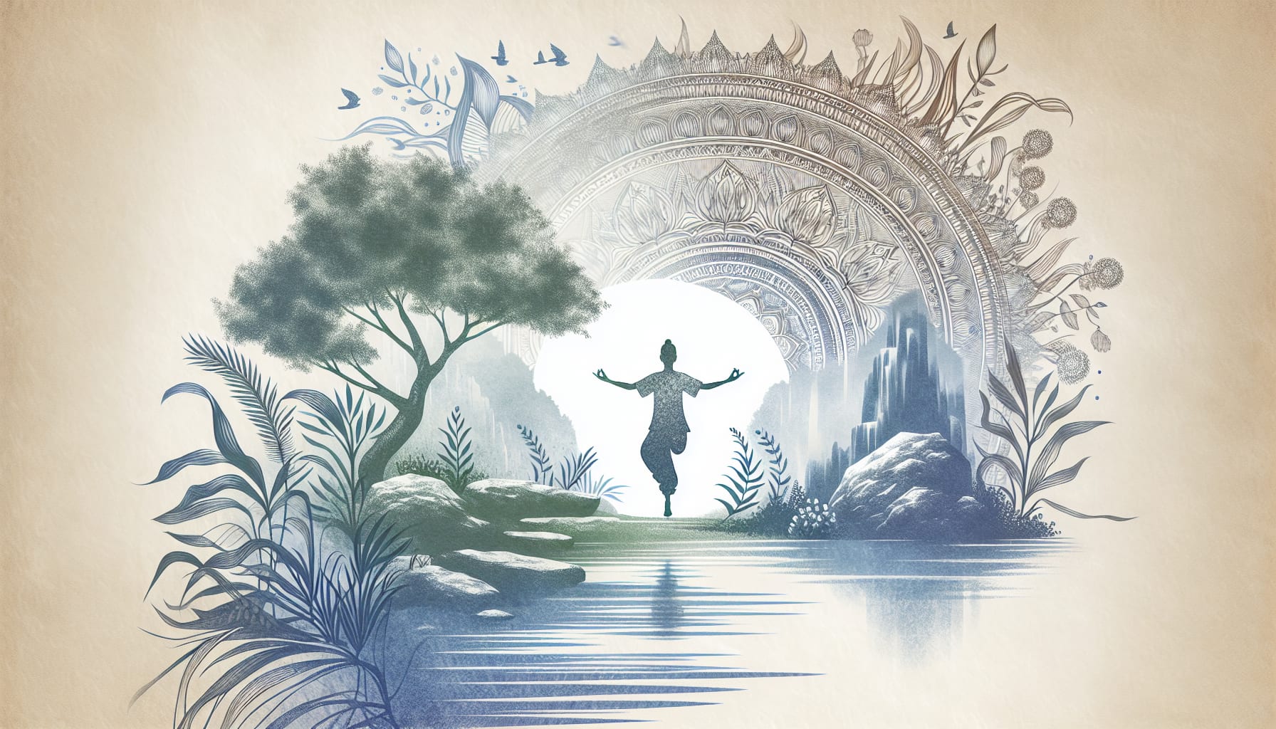 A person stands with arms outstretched in front of an ornate archway, surrounded by trees, plants, and water. The scene evokes a sense of tranquility akin to the therapeutic work done by EMDR therapists in San Francisco, blending nature's beauty with abstract artistic elements.