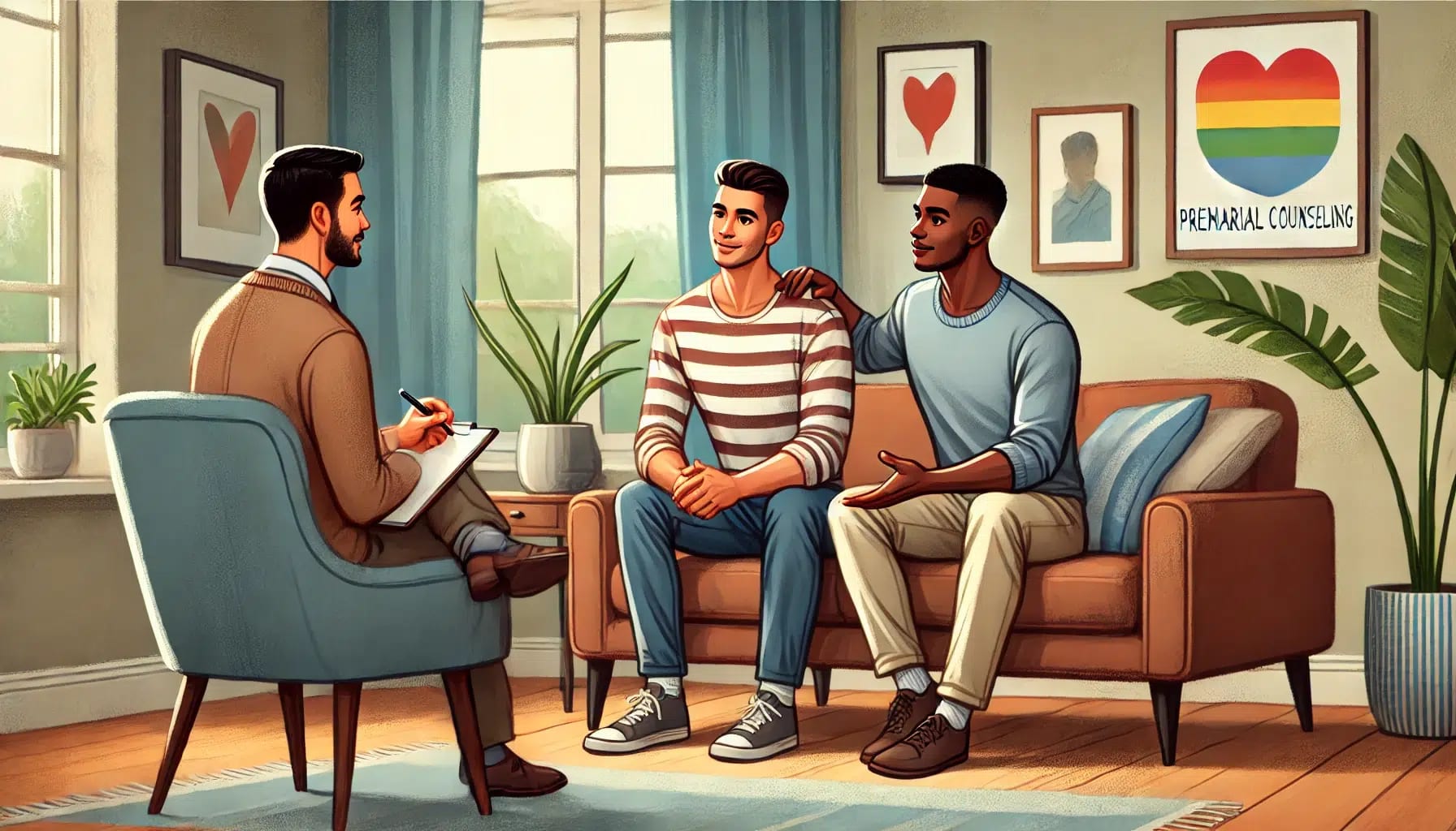 A couple sits on a couch talking to a relationship counselor taking notes. A "Premarital Counseling" poster with a heart in rainbow colors is on the wall. The room has plants and large windows with curtains, perfectly setting the scene for SF couples counseling.