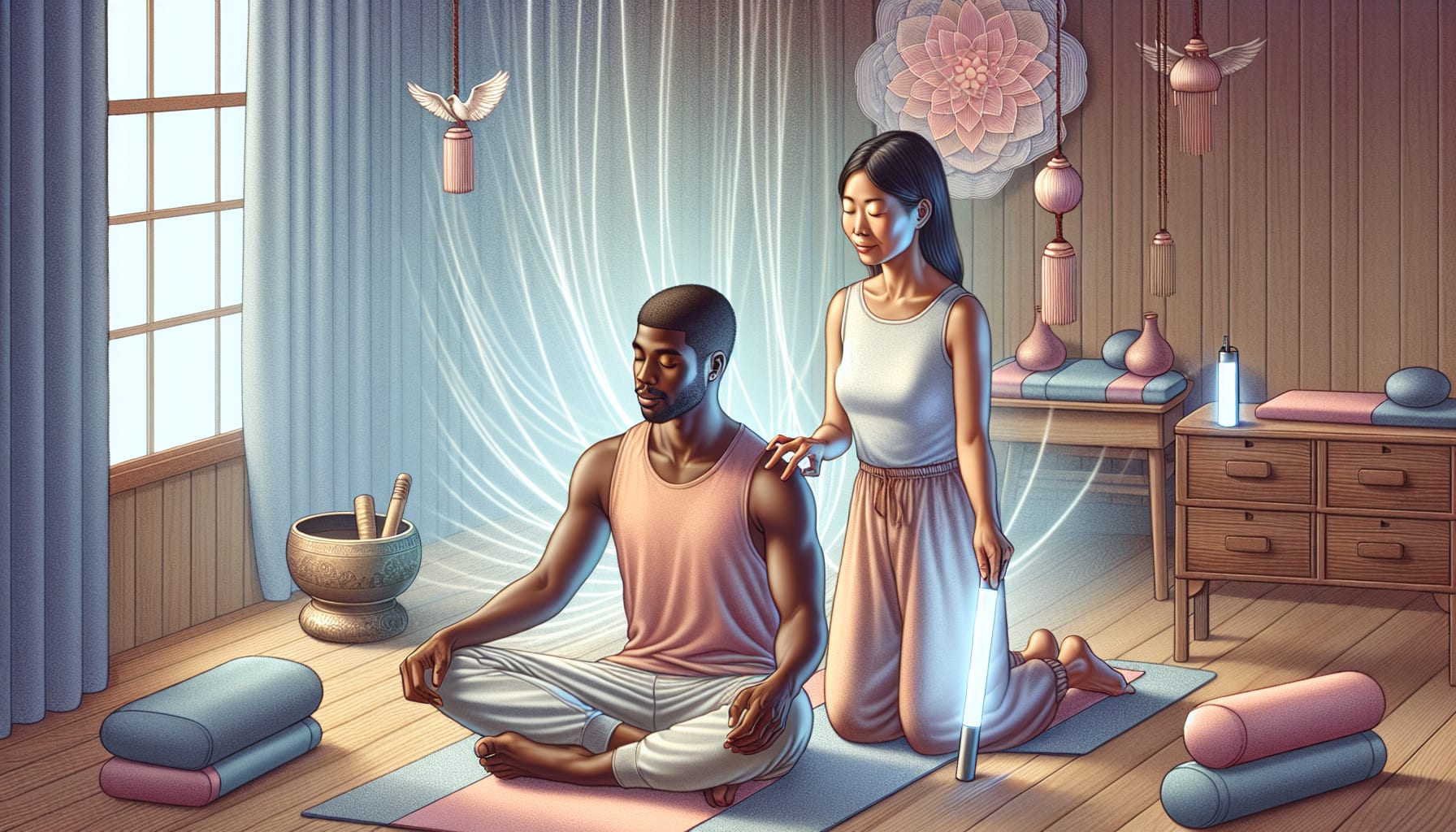 A person meditates in a lotus position while another, possibly an EMDR therapist from San Francisco, stands behind holding a flute-like instrument. They are surrounded by cushions, a bowl, and soft lighting in a calm room decorated with hanging ornaments.