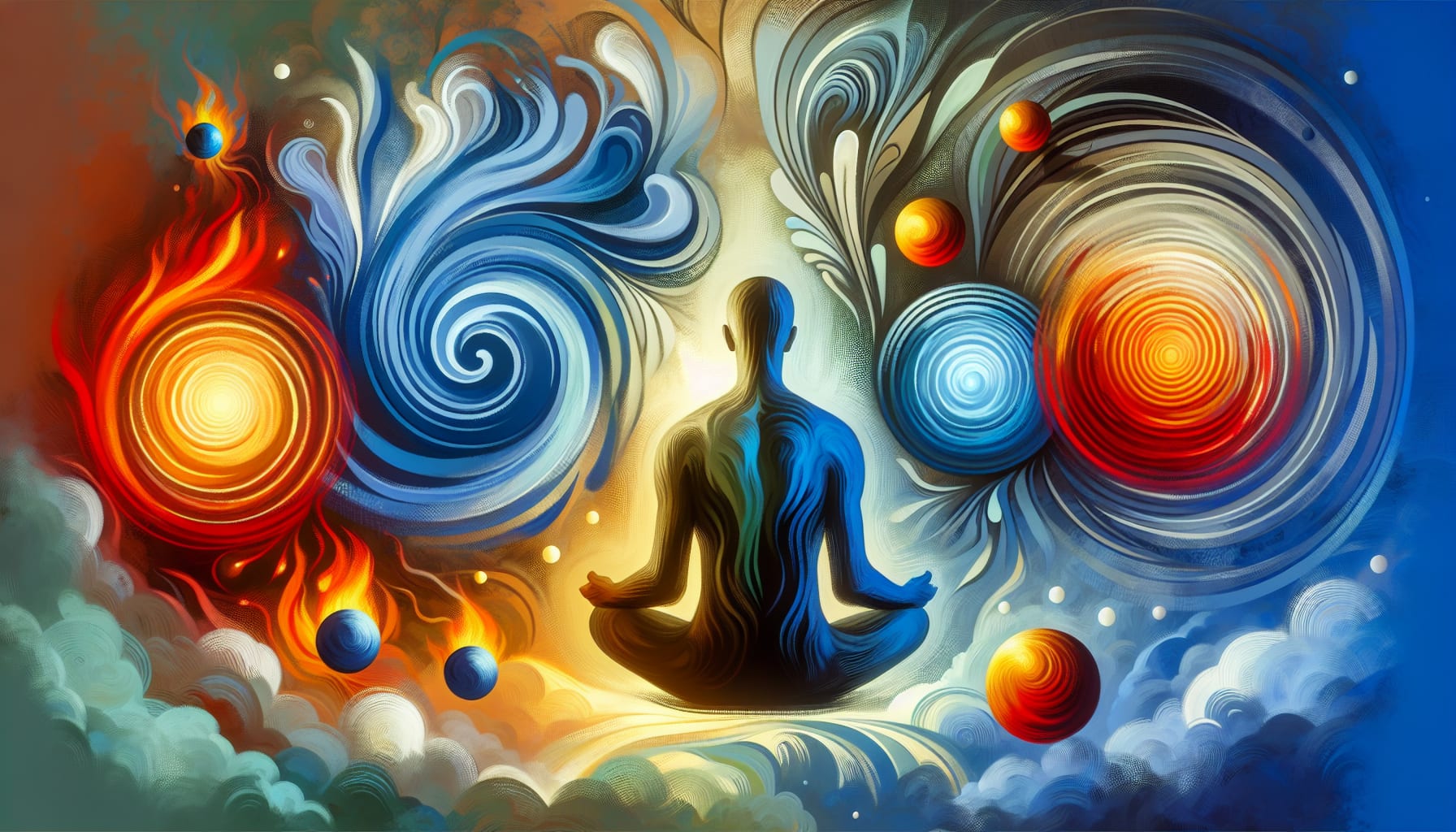 Illustration of a person in a thoughtful pose surrounded by abstract representations of emotions