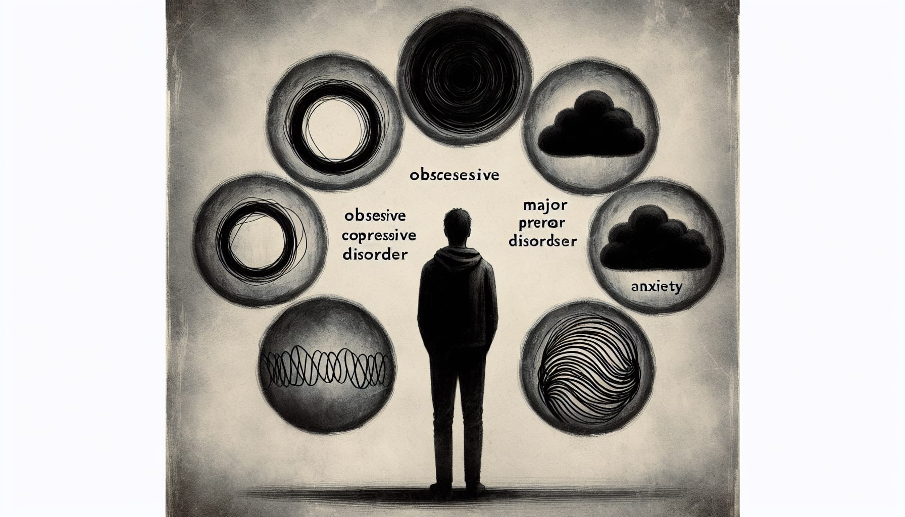 Illustration of a person surrounded by dark thought bubbles