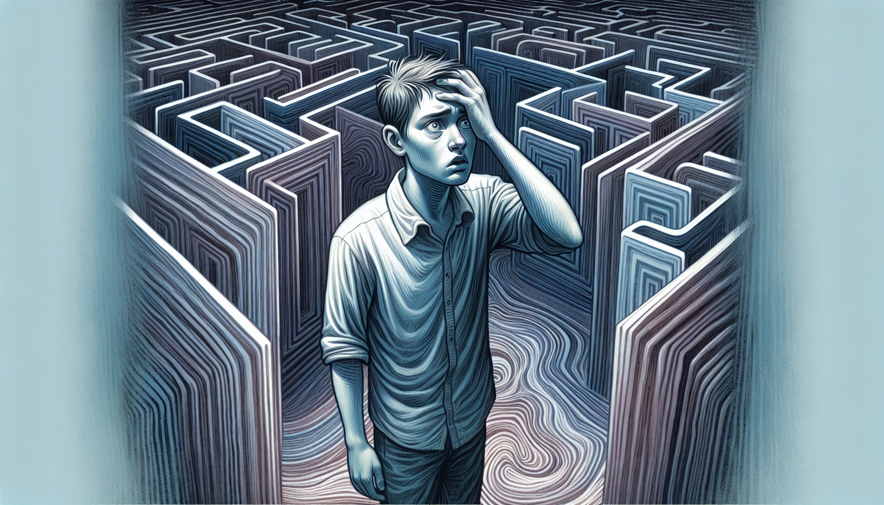 A man stands in a maze with a worried expression, holding his forehead. The labyrinth's high walls and intricate pathways create a sense of confusion. Amid his struggle, he recalls the san Francisco trauma therapists who specialize in post-traumatic-amnesia treatment in san francisco, offering hope for clarity and recovery.