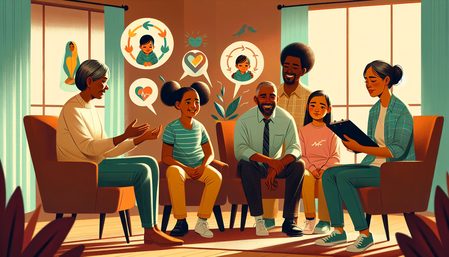 Illustration of a family engaging in therapy for RAD treatment in San Francisco 