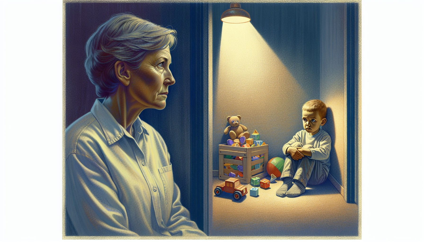 Illustration of a caregiver observing a child's behavior for signs of RAD and needing San Francisco attachment based therapy for RAD in adults and in children 