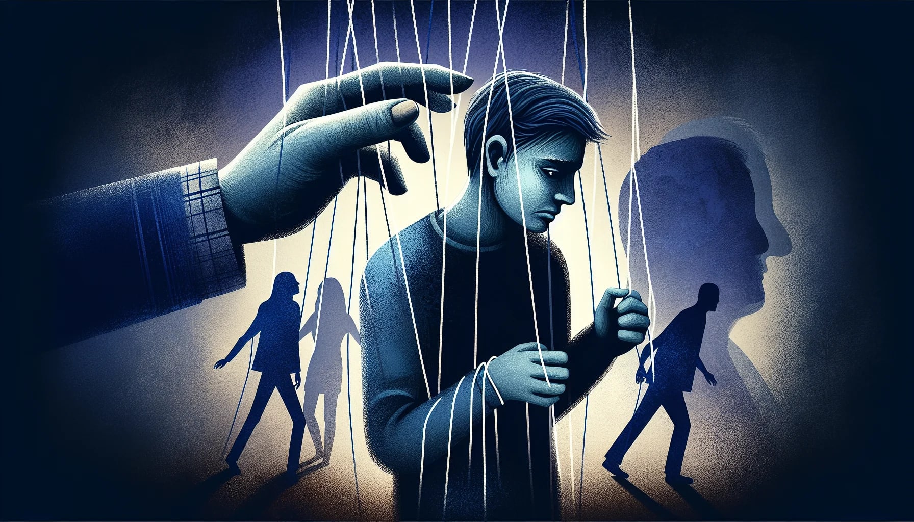 Illustration of a person being manipulated with strings like a puppet