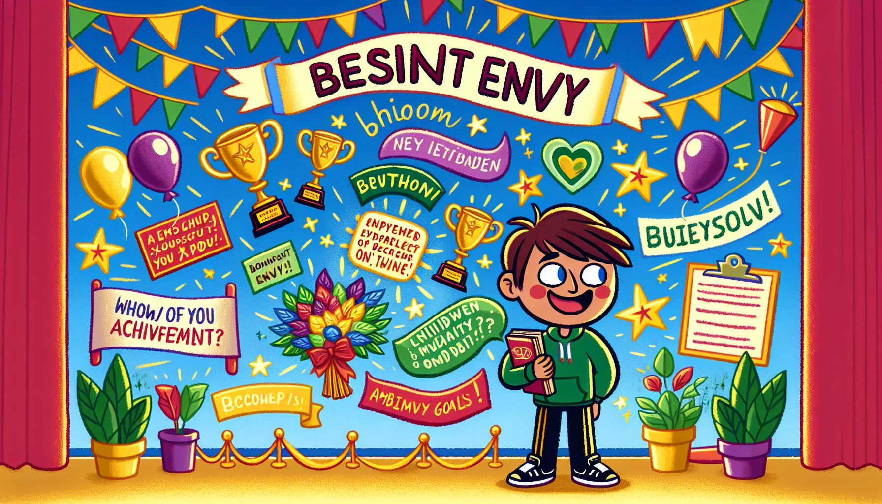 A cartoon illustrating the positive effects of benign envy, highlighting motivation and goal-setting.
