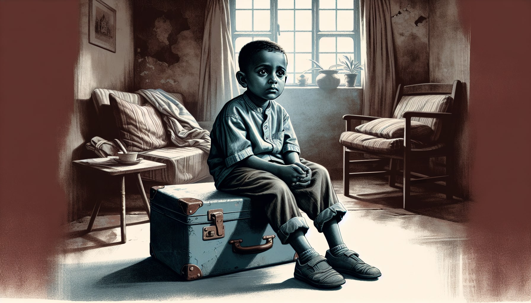 Illustration of a child in a foster care setting developing reactive attachment representing that he will need SF treatment for RAD in adults when he grows up 