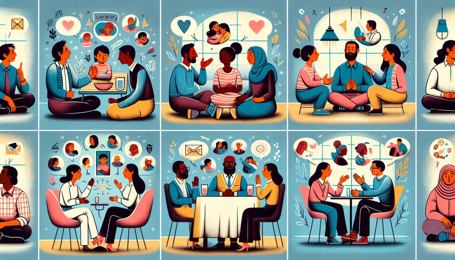 An illustration depicting practical applications of Nonviolent Communication in various settings.