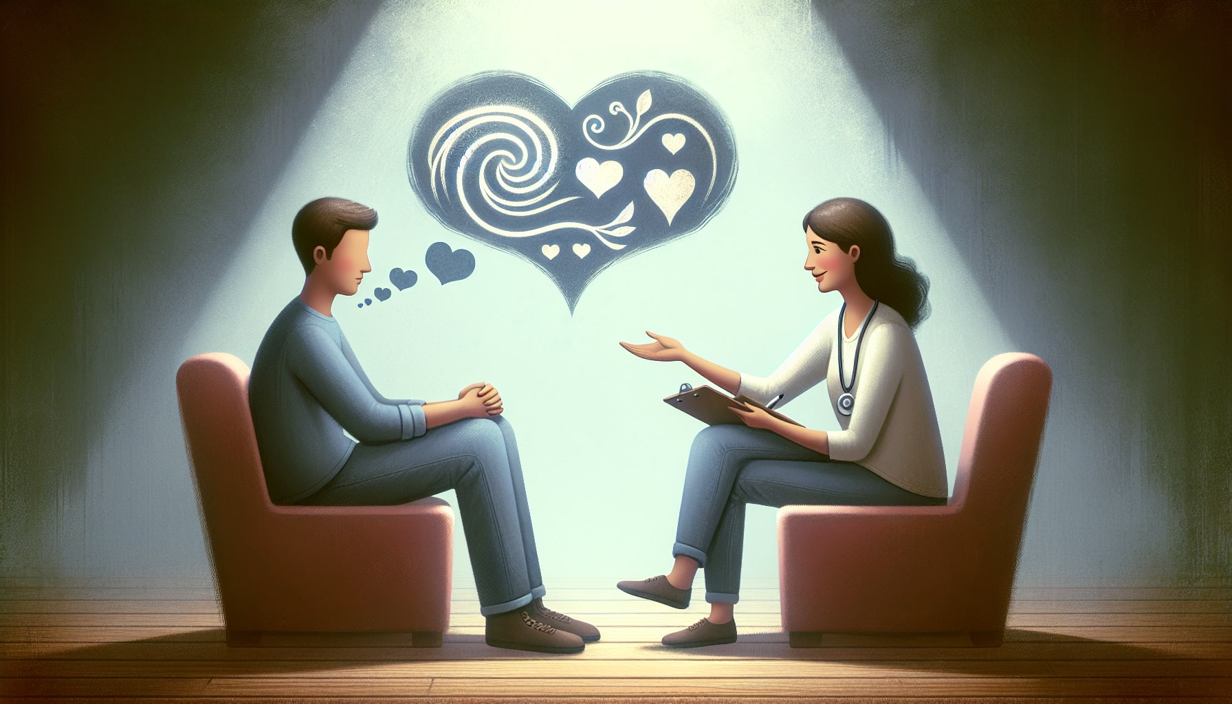 Illustration of a person seeking therapy for addressing limerence and anxious attachment