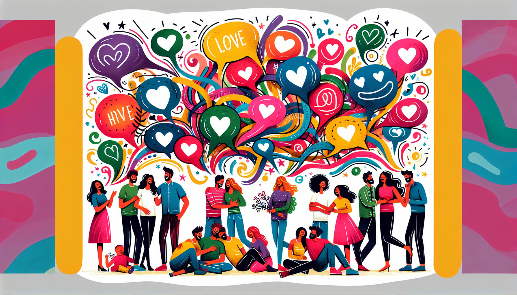 An illustration of diverse relationships showcasing words of affirmation.