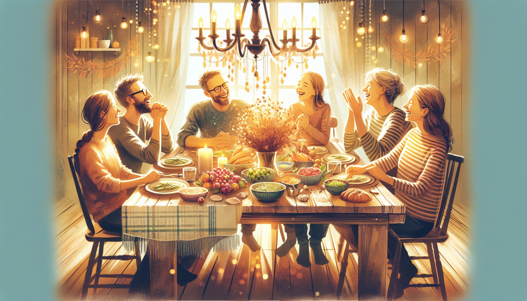 A family gathered around a table sharing stories.