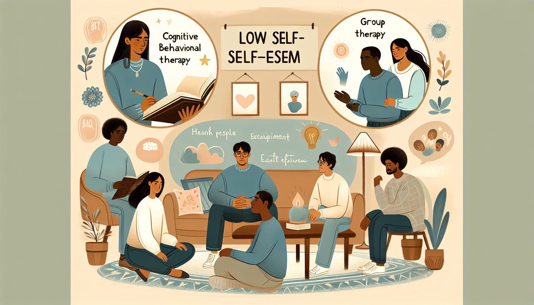An illustration representing various therapy options for low self esteem.