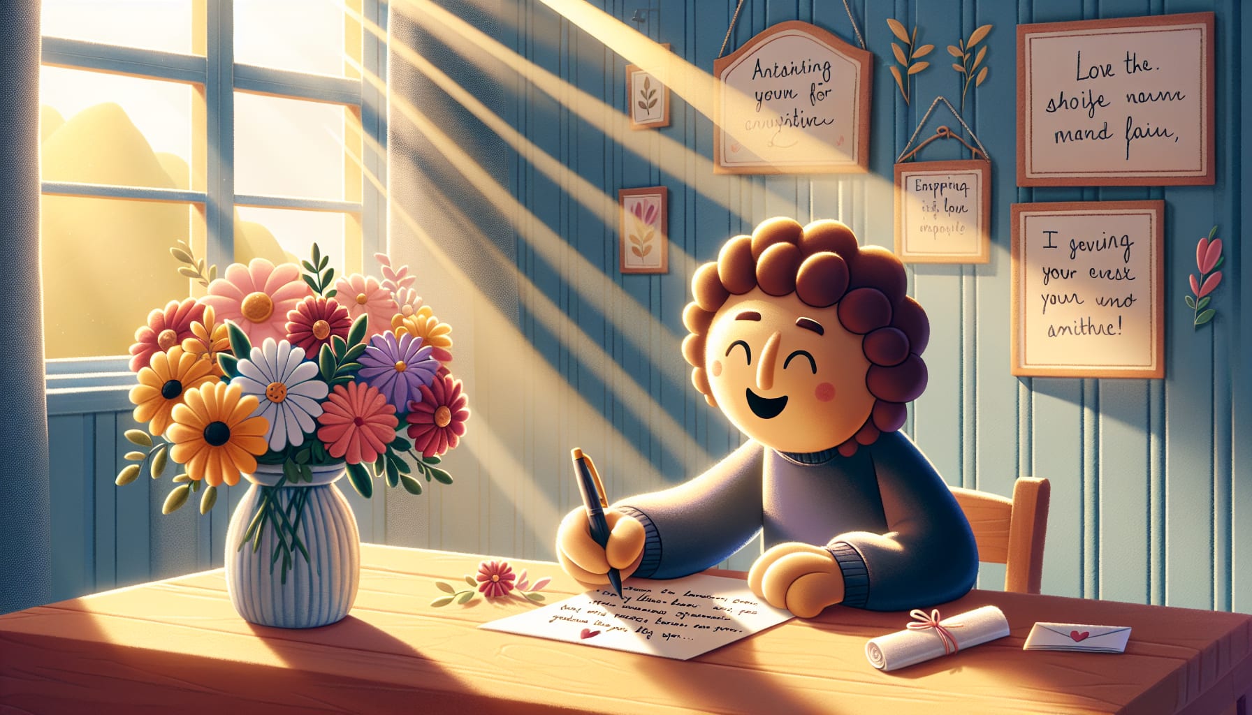 A cartoon showing a person writing a heartfelt note.