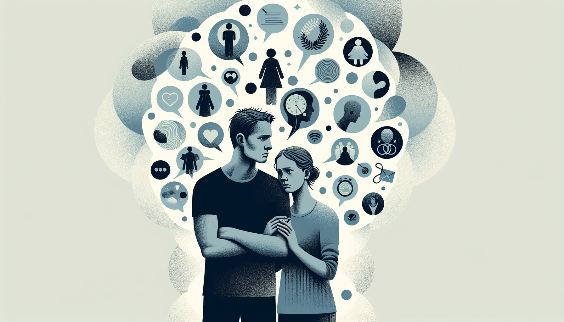 An illustration showing social and family pressures faced by married couples dealing with infertility.
