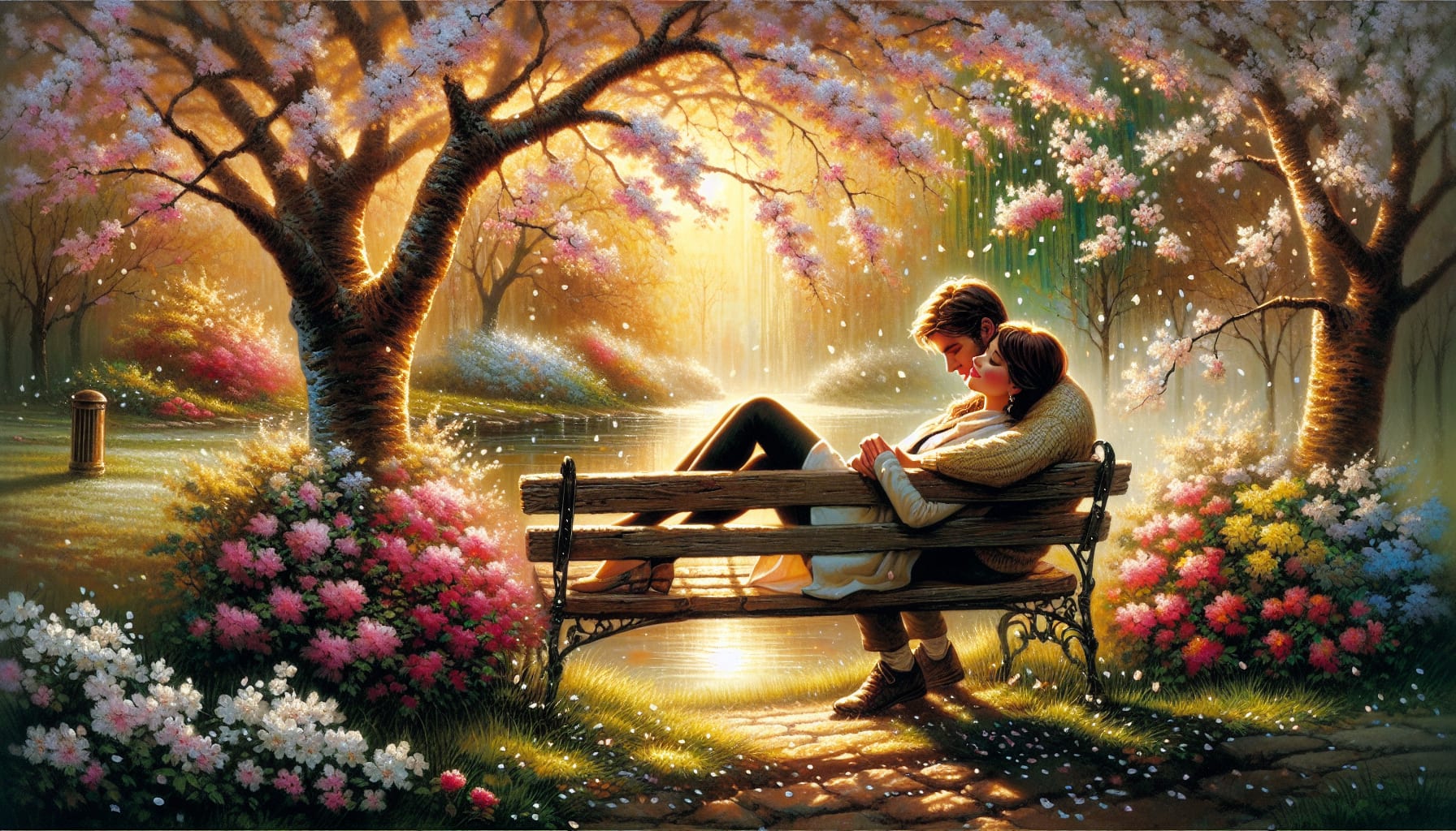 A romantic scene depicting a couple in deep conversation.