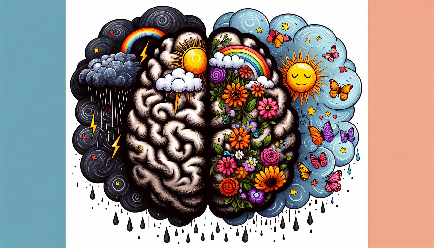 An illustration representing the impact of black and white thinking on mental health, highlighting various mental health conditions.