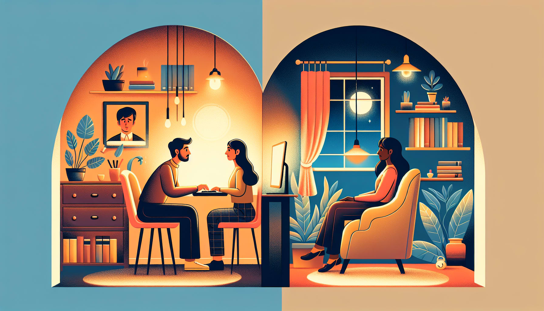 An illustration comparing online therapy and in-person therapy options.