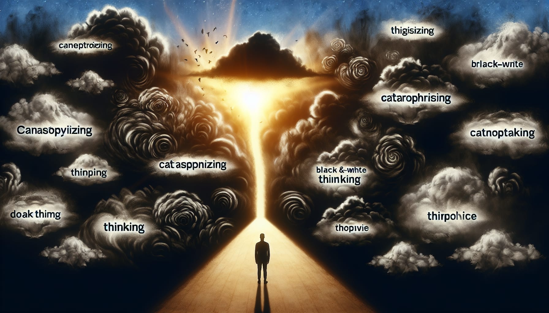 An illustration showing the impact of cognitive distortions on mental health disorders.