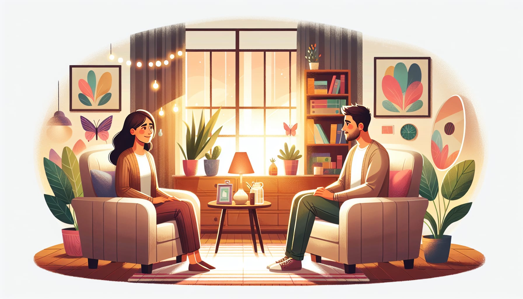 A cartoon showing a therapist helping a client overcome fear of failure.