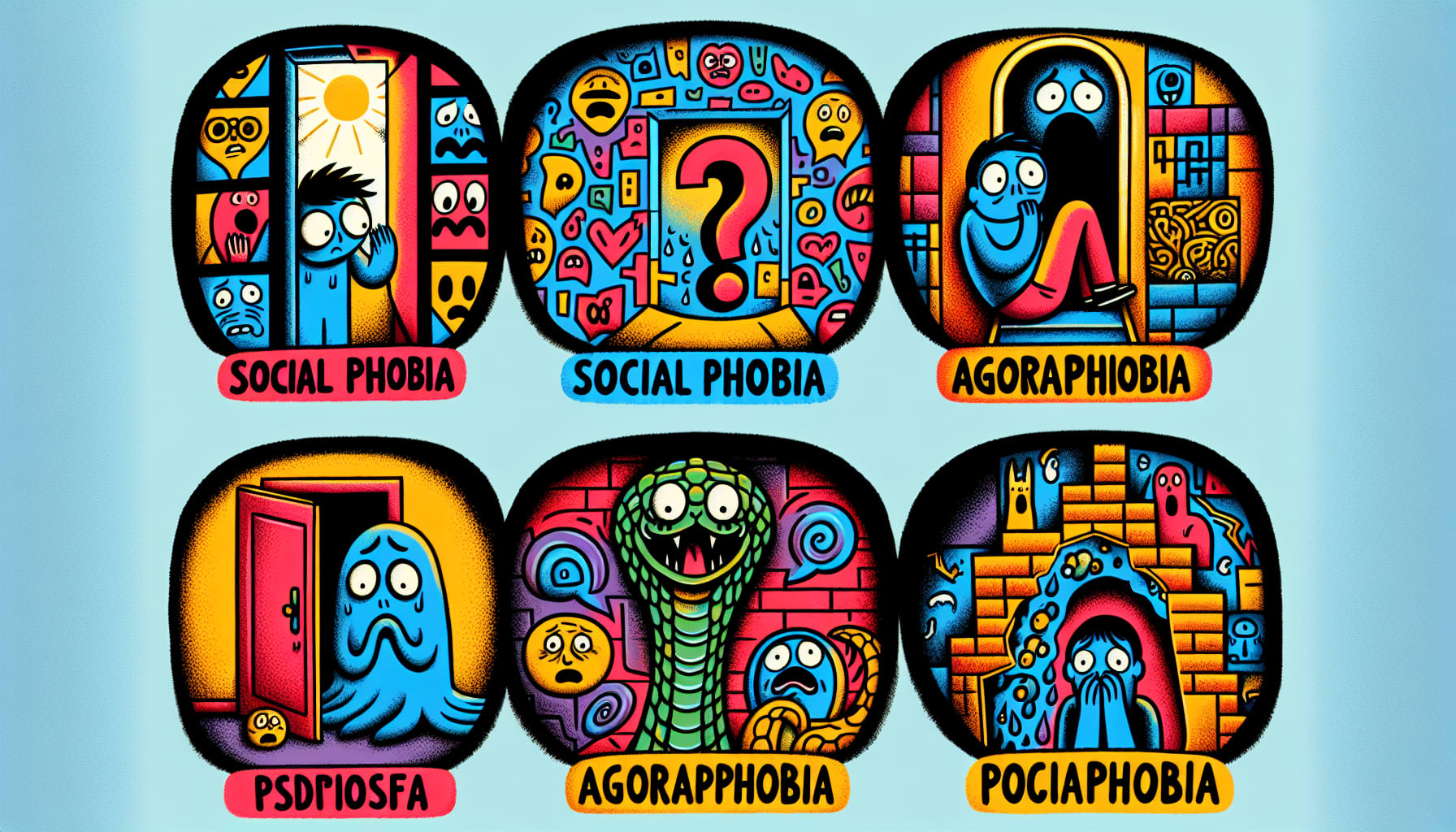 An artistic representation of different types of phobias.