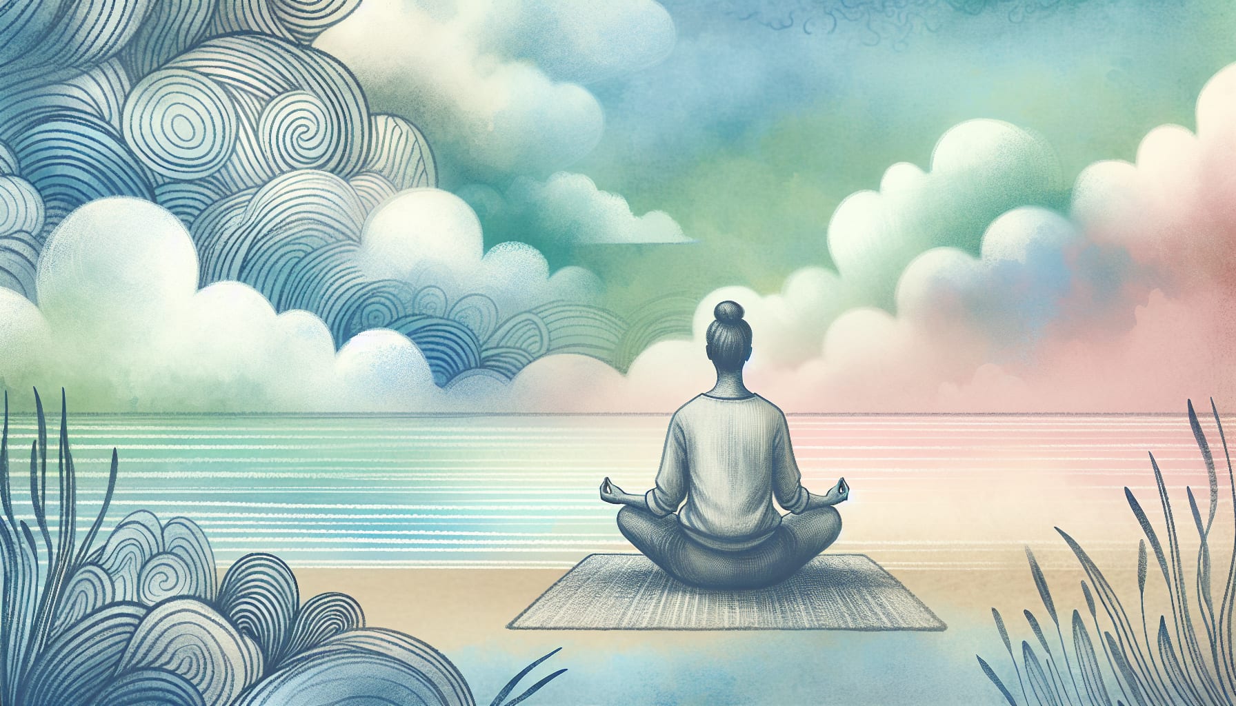 An illustration of a person practicing mindfulness to reduce stress, surrounded by calming elements.