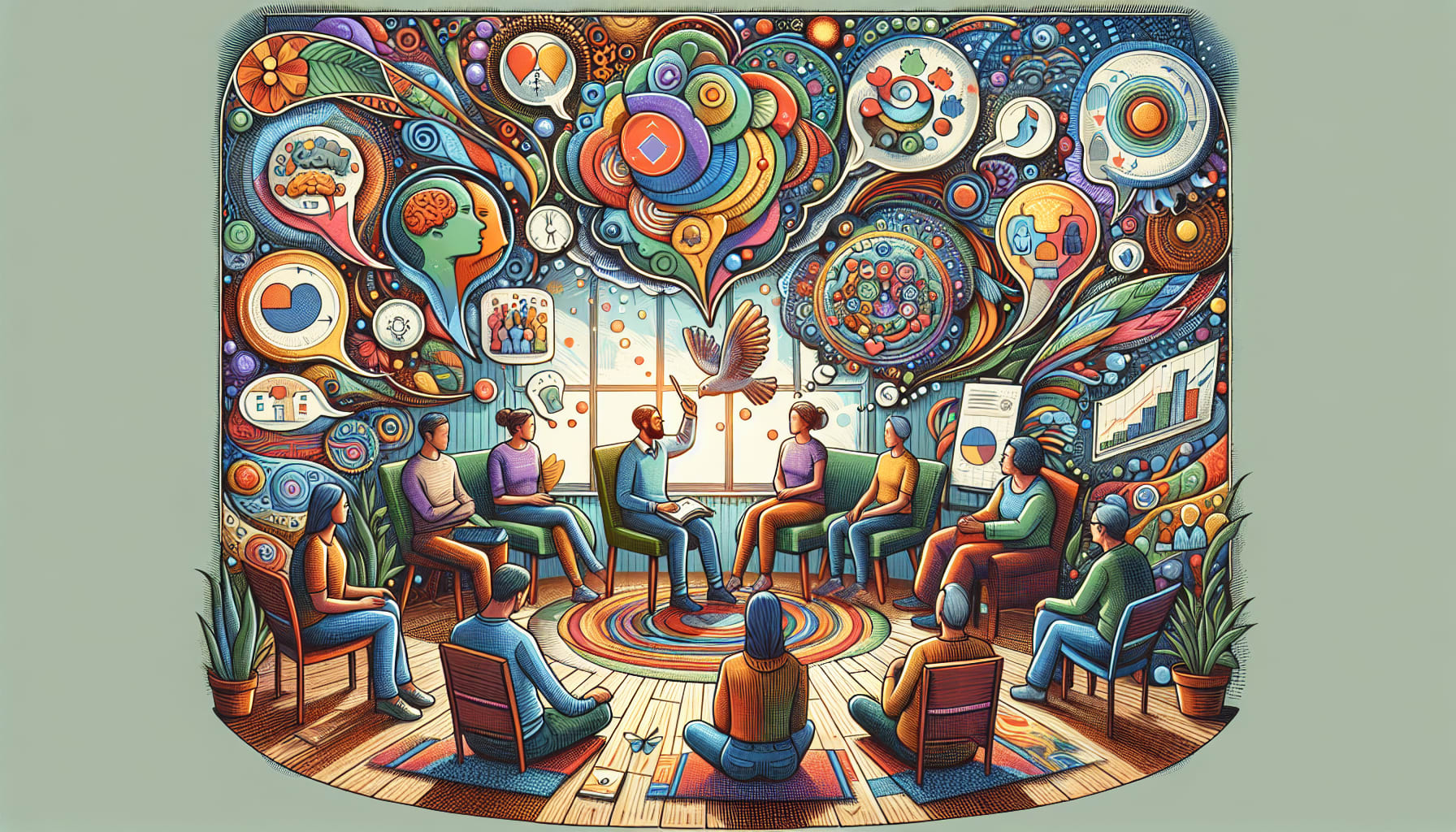 A colorful illustration depicting the combination of various therapeutic approaches in a therapy session.