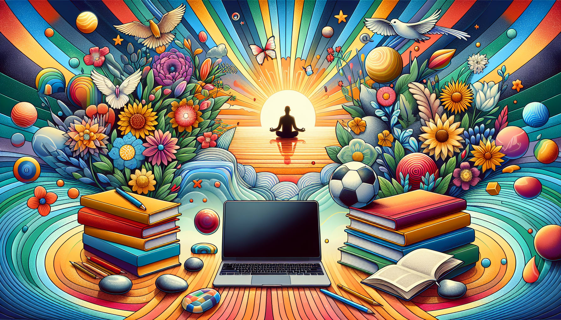 An artistic representation of resources for overcoming catastrophizing with books and tools.