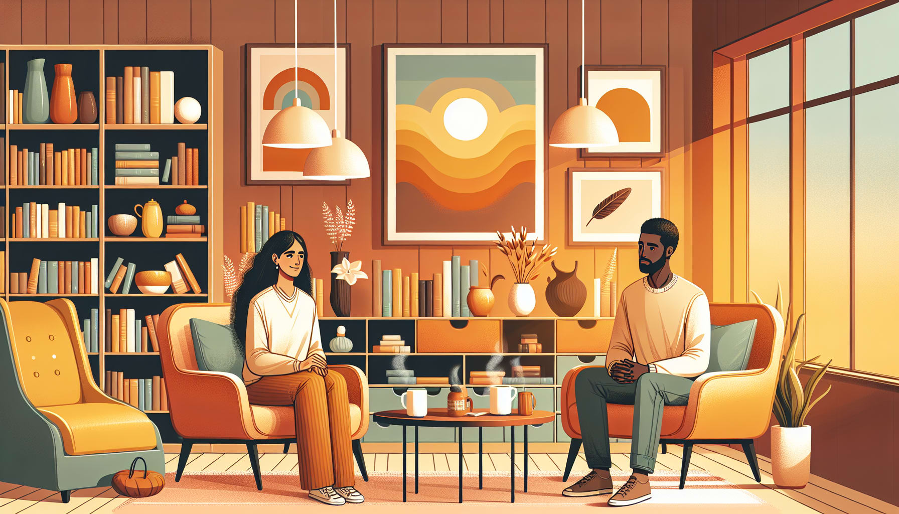 An artistic representation of therapists engaged in talk therapy sessions with clients, showcasing their roles.
