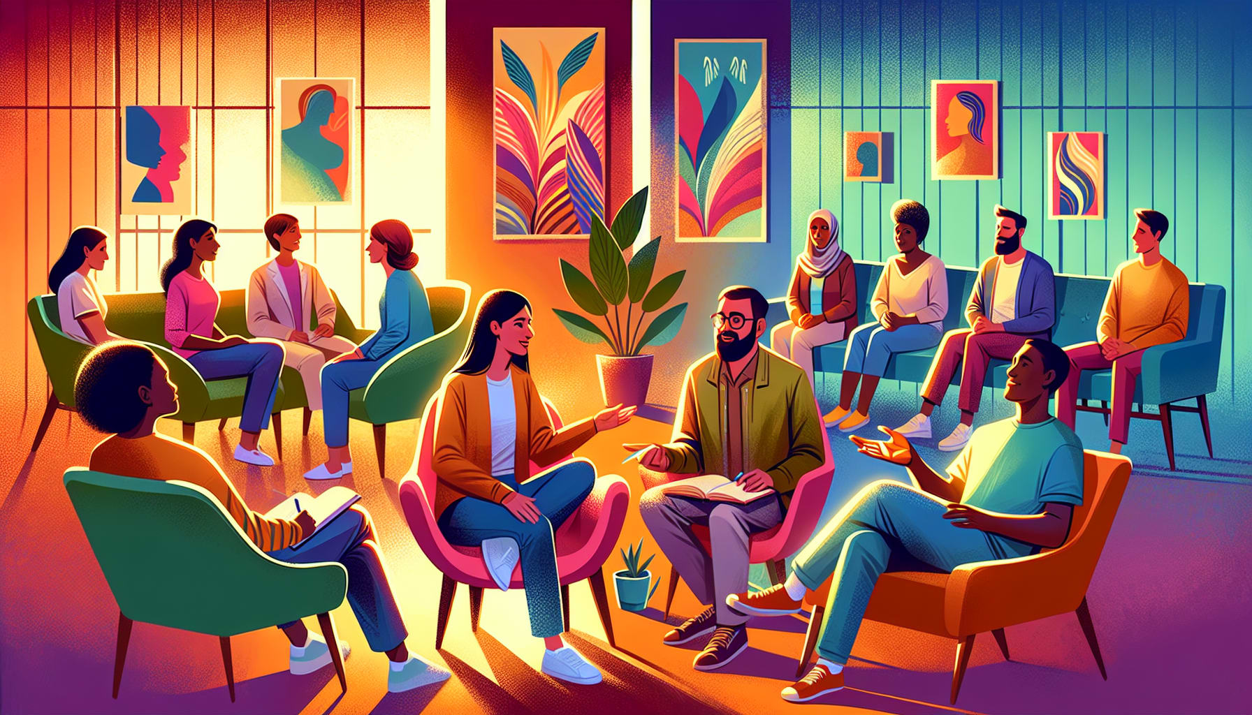 An illustration showing different types of therapy for anxiety, including group and individual therapy settings.