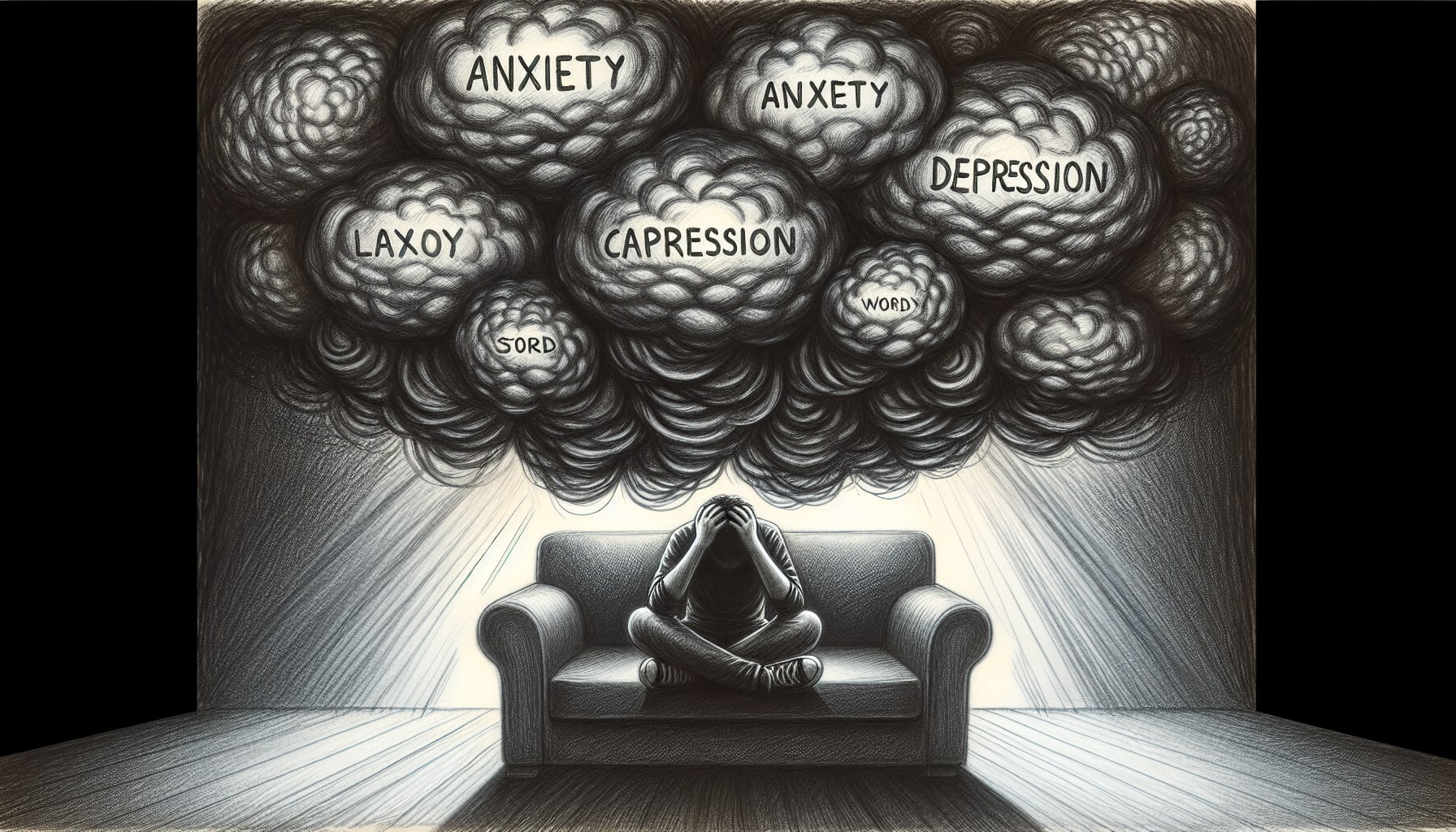 An illustration of a person experiencing anxiety and depression linked to catastrophic thoughts.