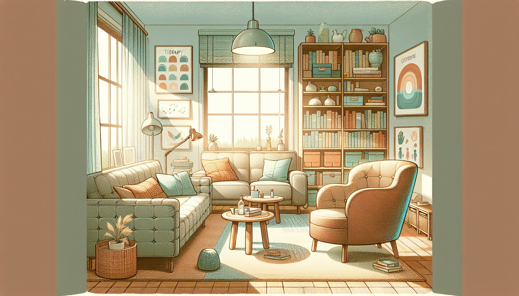 An illustration of a therapist's office in Los Angeles focused on attachment issues.